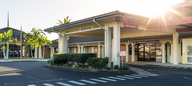 Casino Hospital emergency department entrance with driveway in foreground