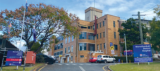 Murwillumbah District Hospital exterior, as seen from the entrance roadway 