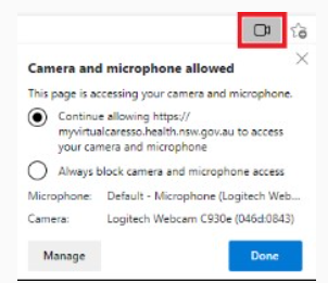 Dialog box for the camera and microphone permissions