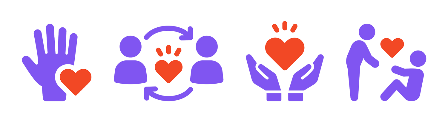 4 animation images of purple icons with red hearts