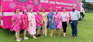 Photo of the new permanent BreastScreen NSW screening van, with dignitaries and staff. 